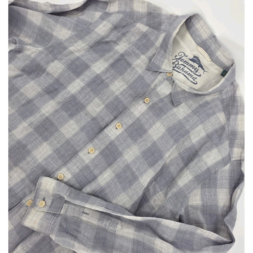 Tommy Bahama Linen Shirt Men 2XL Blue Plaid Hawaiian Relax Beach Button Up L/S